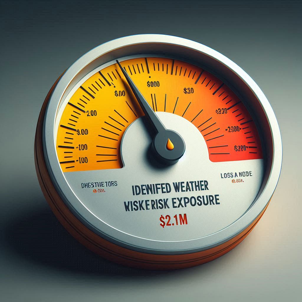 Risk gauge showing $2.1M in weather risk exposure.